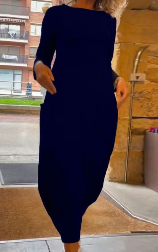 Ava - Solid color round neck long sleeve pocket dress