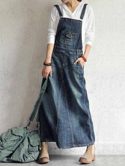 Casual Vintage-Inspired Back Slit Denim Overall Dress