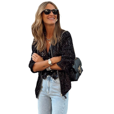 Black Sequin Zipper-up Jacket