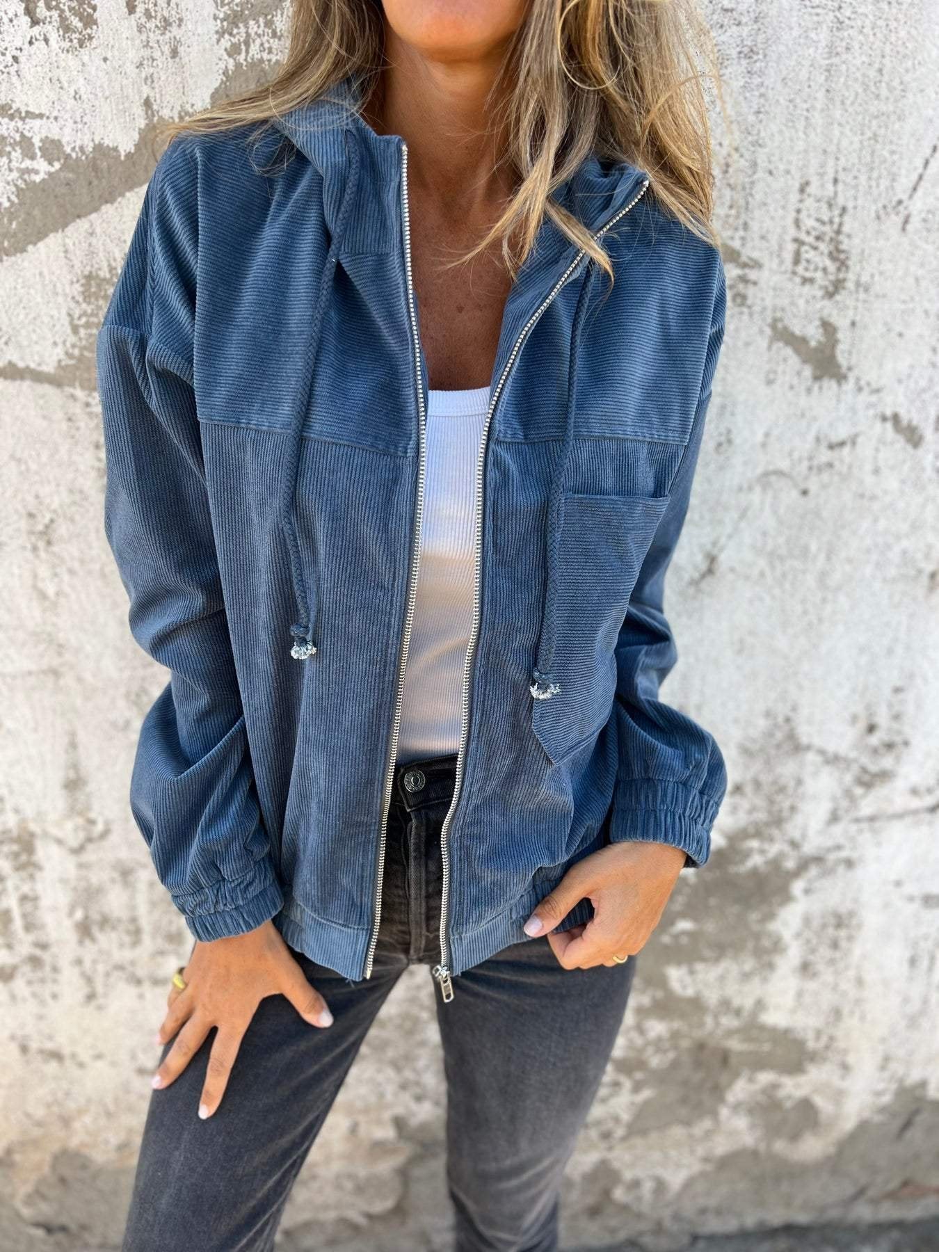 Corduroy Casual Jacket Hooded Zip