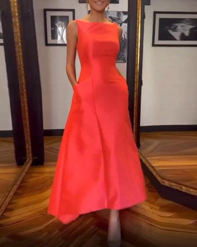 Sleeveless Pocket Solid Color Elegant Dress