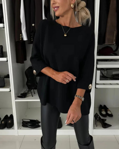 Lena - Sweater Knitted Solid Round Neck Button