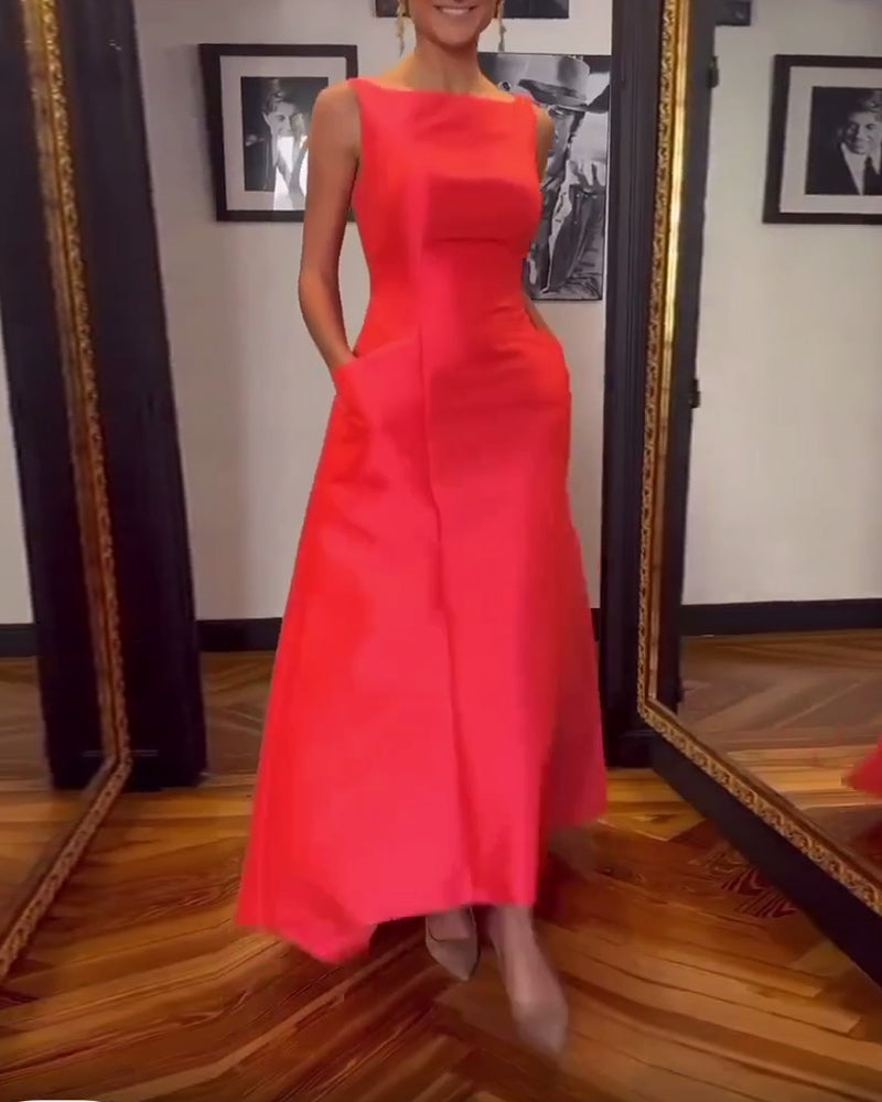 Sleeveless Pocket Solid Color Elegant Dress