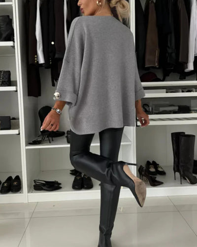 Lena - Sweater Knitted Solid Round Neck Button