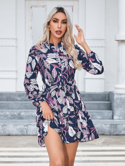 Autumn And Winter Printing Button Long Sleeve Dress