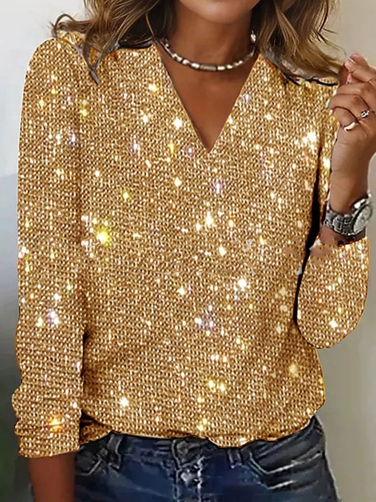Lunara | Pure Color Sequins Long-sleeved T-shirt