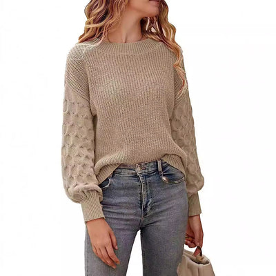 Brick Round Neck Long Puff Sleeve Sweater