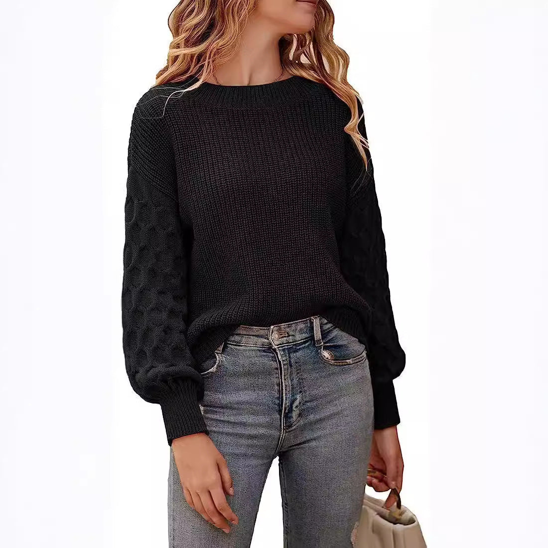 Brick Round Neck Long Puff Sleeve Sweater