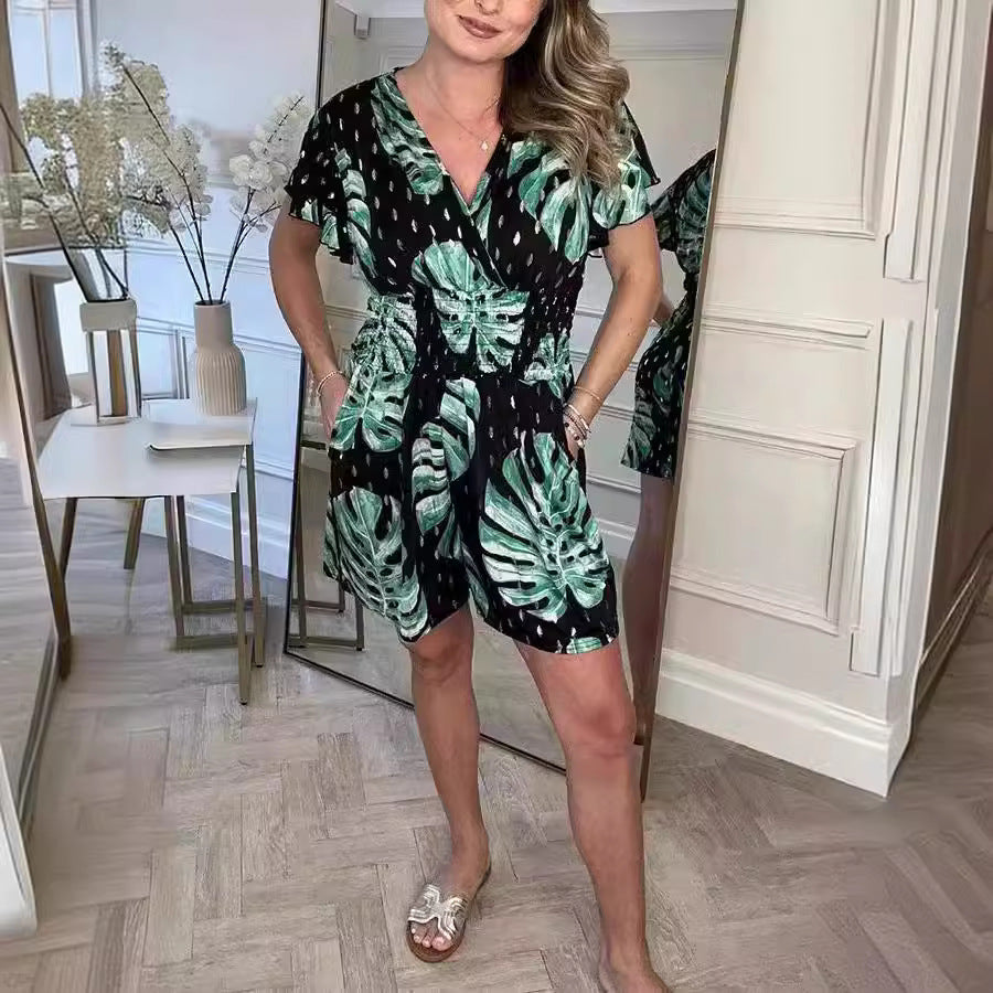 Jolaine | Summer Leafy Print Romper