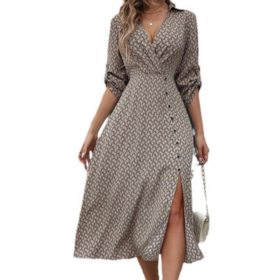 Women's V-neck Split Print Dress
