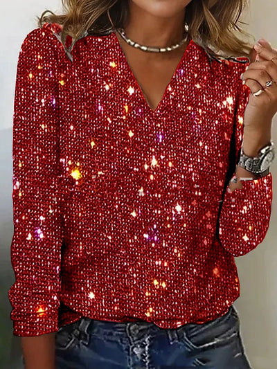 Lunara | Pure Color Sequins Long-sleeved T-shirt