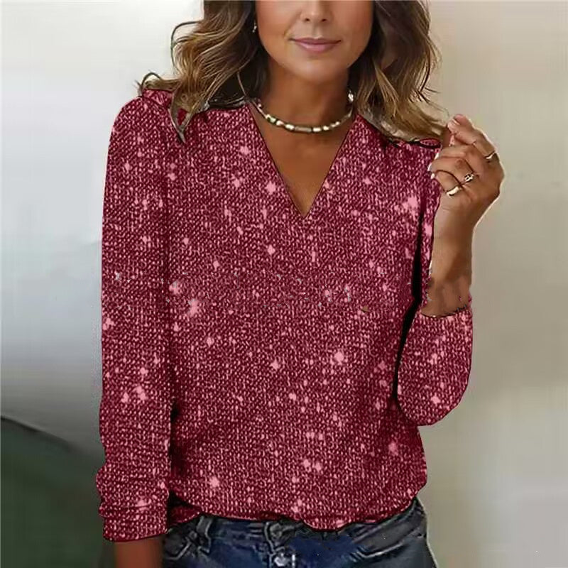 Lunara | Pure Color Sequins Long-sleeved T-shirt