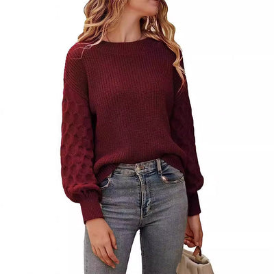 Brick Round Neck Long Puff Sleeve Sweater