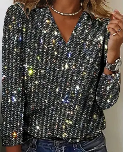 Lunara | Pure Color Sequins Long-sleeved T-shirt