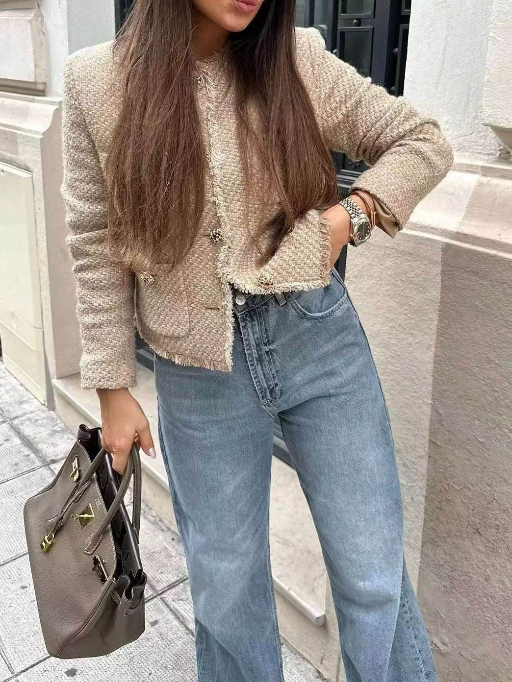 Crew Neck Frayed Jacket with Buttons