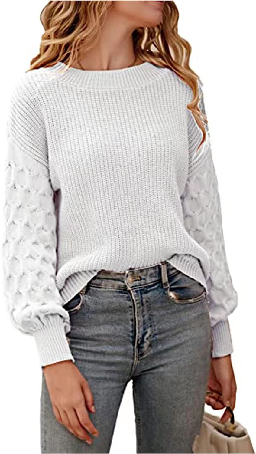 Brick Round Neck Long Puff Sleeve Sweater