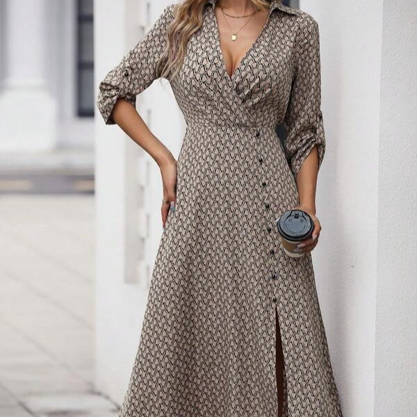 Women's V-neck Split Print Dress