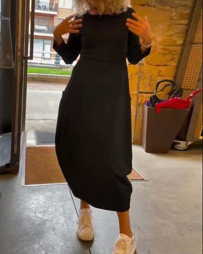 Ava - Solid color round neck long sleeve pocket dress