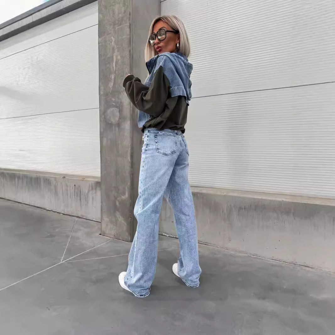 Casual zip-up Patchwork Pattern Made of Denim