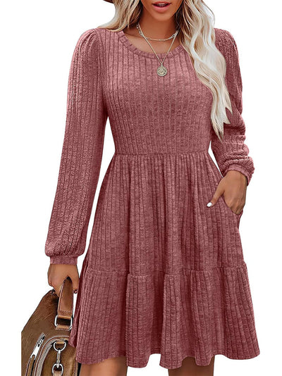 Brown Ribbed Knit Long Sleeve Flounce Mini Dress