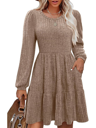 Brown Ribbed Knit Long Sleeve Flounce Mini Dress