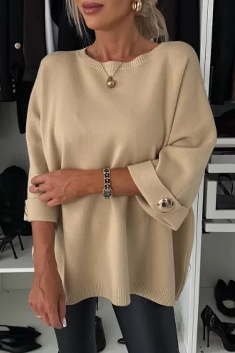 Lena - Sweater Knitted Solid Round Neck Button
