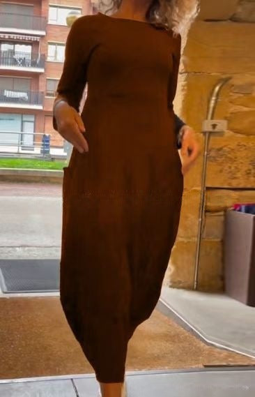 Ava - Solid color round neck long sleeve pocket dress