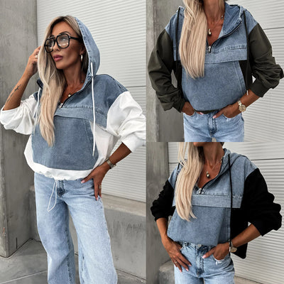 Casual zip-up Patchwork Pattern Made of Denim