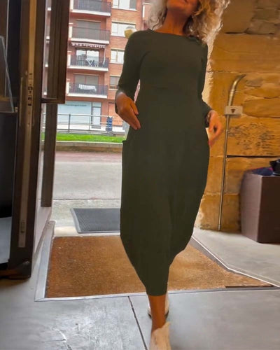 Ava - Solid color round neck long sleeve pocket dress