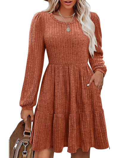 Brown Ribbed Knit Long Sleeve Flounce Mini Dress