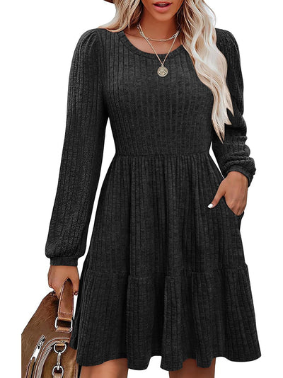 Brown Ribbed Knit Long Sleeve Flounce Mini Dress