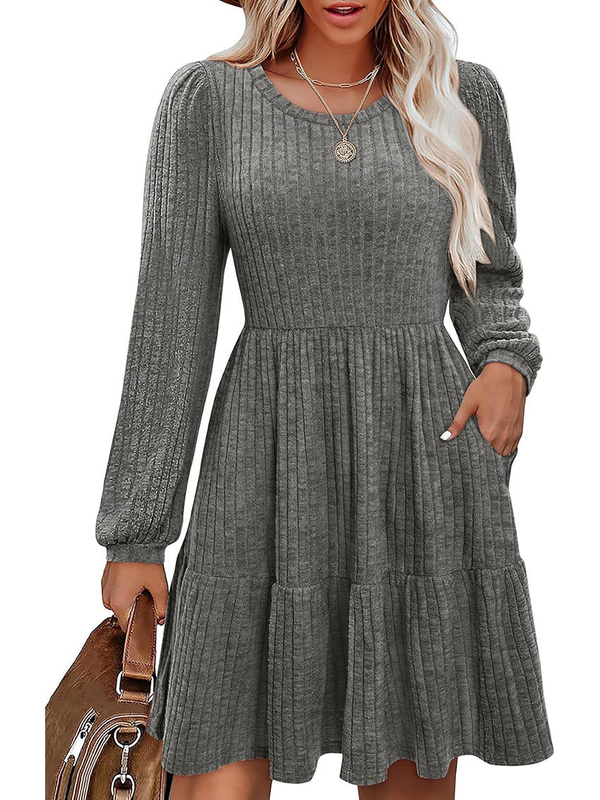 Brown Ribbed Knit Long Sleeve Flounce Mini Dress