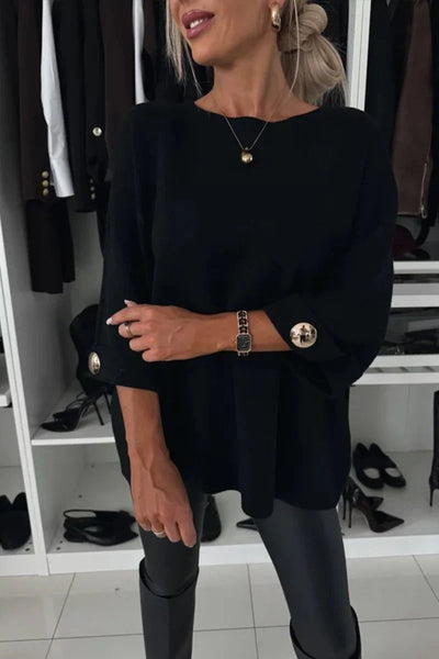 Lena - Sweater Knitted Solid Round Neck Button