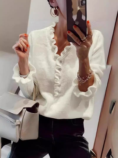 Ruffled Sweater with Elegant Buttons