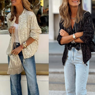 Black Sequin Zipper-up Jacket