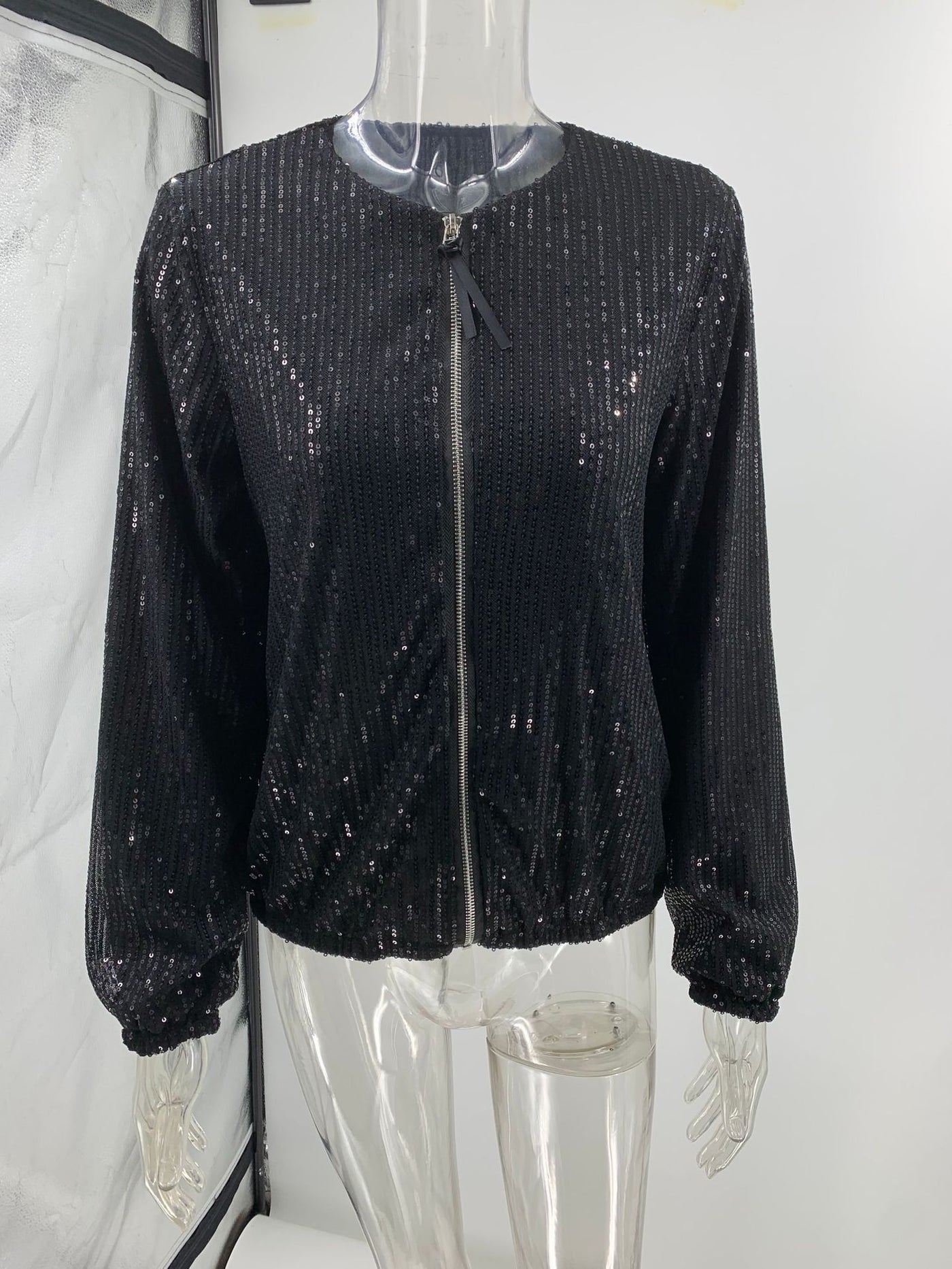 Black Sequin Zipper-up Jacket