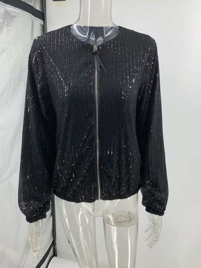 Black Sequin Zipper-up Jacket