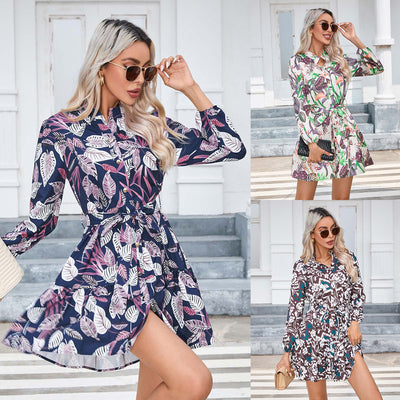 Autumn And Winter Printing Button Long Sleeve Dress