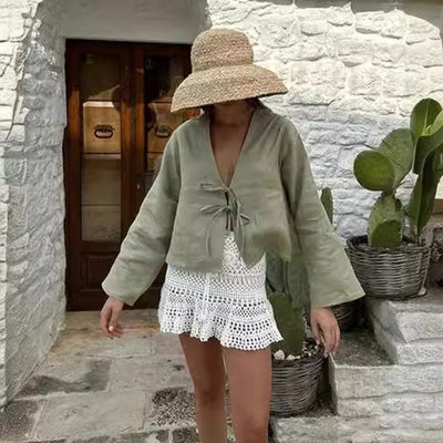 Charlotte | Fashion Deep V Bell Sleeve Tied Top