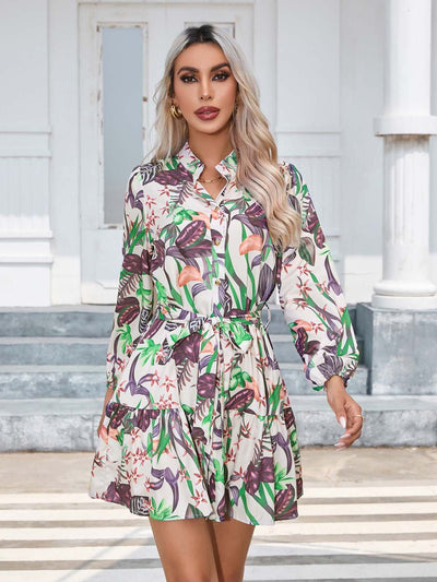 Autumn And Winter Printing Button Long Sleeve Dress