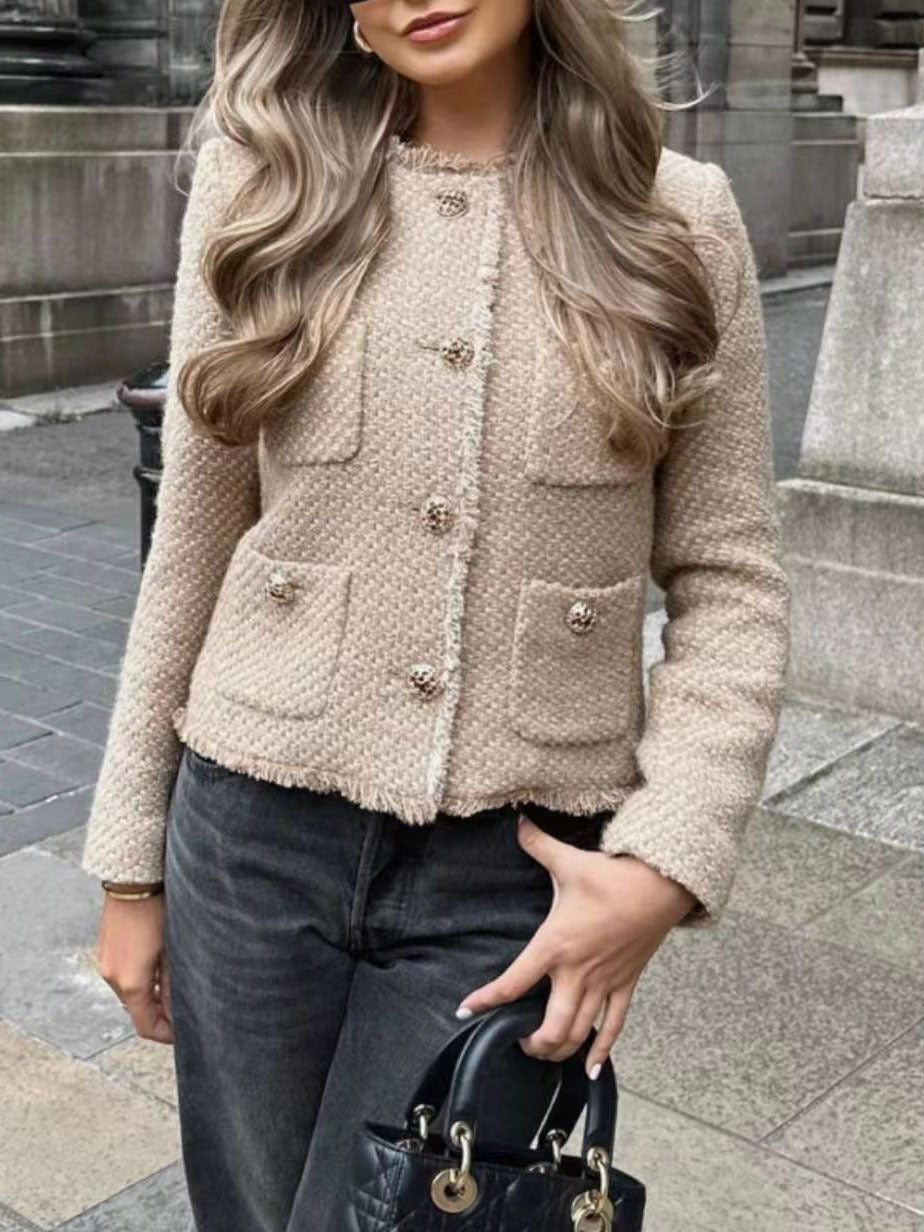 Crew Neck Frayed Jacket with Buttons