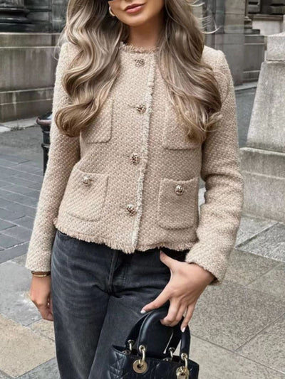 Crew Neck Frayed Jacket with Buttons