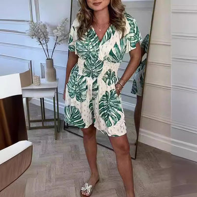 Jolaine | Summer Leafy Print Romper
