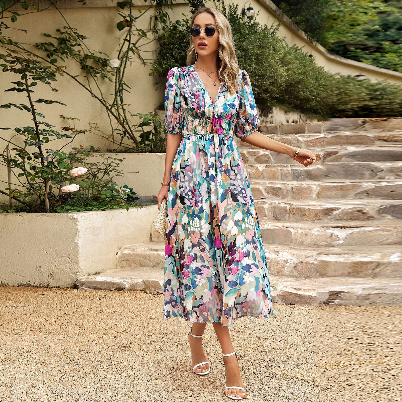 New V-neck Printed Short-sleeved Long Dress Summer Fashion Slim