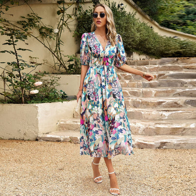New V-neck Printed Short-sleeved Long Dress Summer Fashion Slim